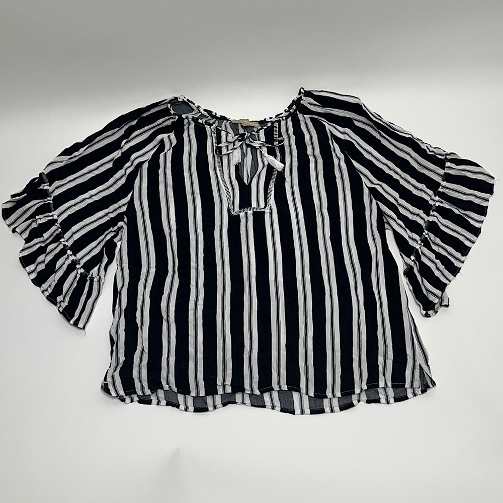 Appraisal Tribal Navy Striped Tie Neck Angel 3/4 Length Sleeve 100% Viscose Top